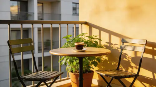 Balkónový bistro set s dvoma stoličkami a okrúhlym stolíkom na balkóne